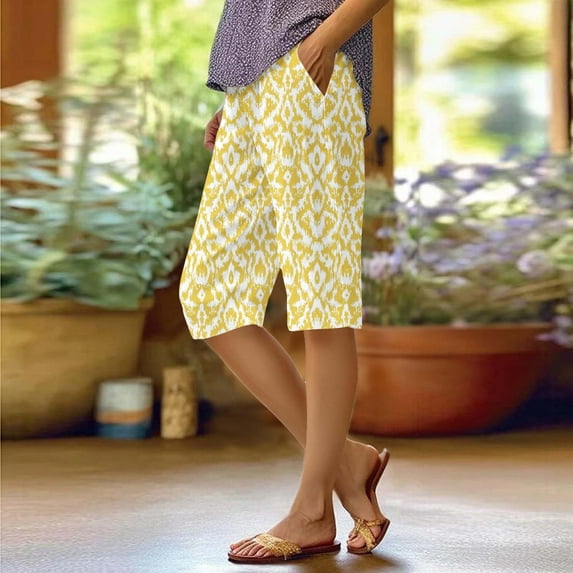 Tittly Shorts for Women Womens Shorts Women's Fashion Summer Casual Striped Printed Stretch High Waist Knee Loose Beach Shorts With Pockets Beach Pants High Waisted Shorts Yellow XXL