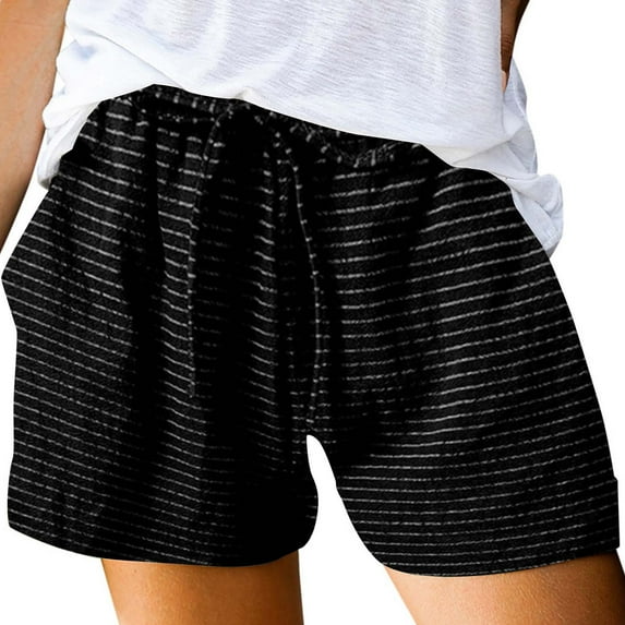 Tittly Shorts for Women Cotton Shorts Women's Summer Cotton Casual Striped Shorts Pocket Pants Sweat Shorts Lounge Shorts Women Black M