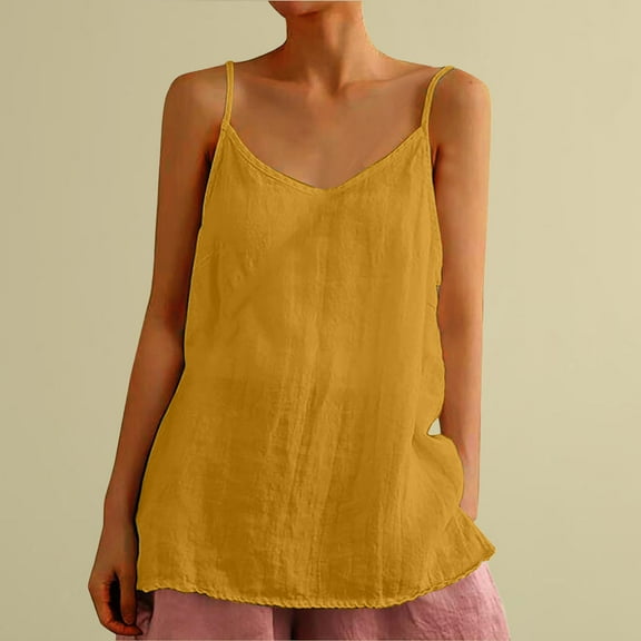 Tittly Spring Tops for Women Tank Top for Women Cotton Linen Camisole Tops For Women Spaghetti Strap Loose Fit Tank Top Summer 2025 Casual Sleeveless Shirts Sleeveless Top Vest for Women Yellow L