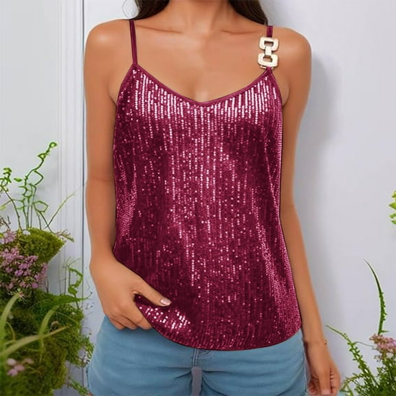 Tittly Spring Tops for Women Tank Top for Women Sequins Camisole Tops For Women Holiday Night Club Concert Outfits Spaghetti Strap Glitter Tank Tops Sleeveless Top Vest for Women Hot Pink L