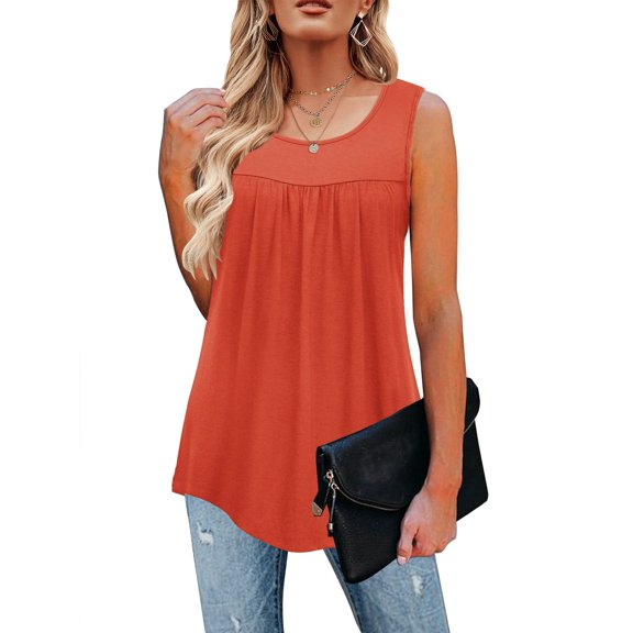 Tittly Spring Tops for Women Tank Top for Women Tank Top For Women Summer Sleeveless Pleated Crewneck T Shirts Casual Beach Vacation Clothes Fashion Outfits Sleeveless Top Vest for Women Orange 3XL