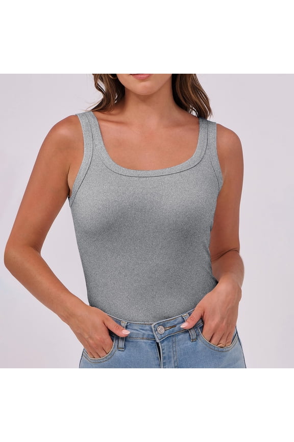 Spring Tops for Women Tank Top for Women Women's Short Sleeve Neck Ribbed Knit Casual Tops Tee Summer Slim Basic Shirts Sleeveless Top Vest for Women Grey XL