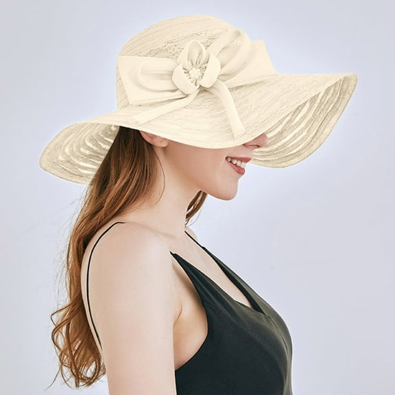 Tittly Sun Hats Beach Hats Womens Summer Dress Hat Wide Flower Bridal Shower Hat Sun Hats Beach Hat Wide Brim Hats Hats for Women Beige One Size