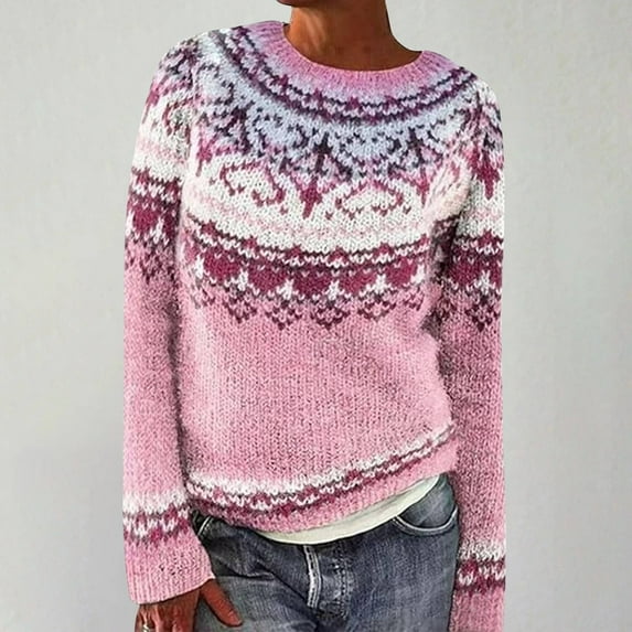 Tittly Sweaters for Women Pullover Sweaters Women's Vintage Art Print Knit Crew Neck Pullover Sweater Womens Sweaters Long Sleeve Tops Pink M