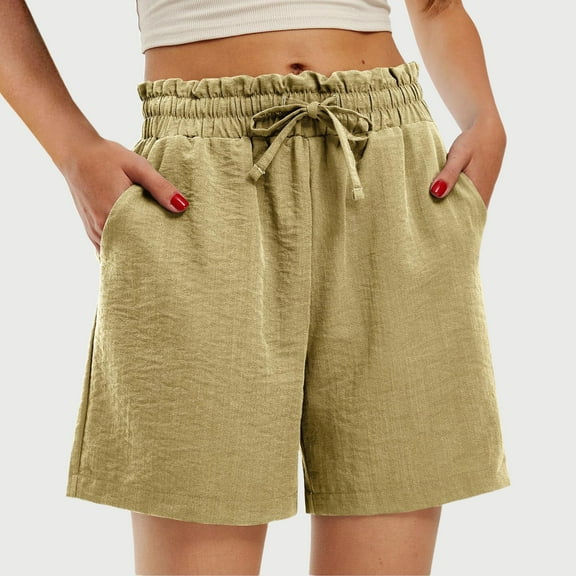 Tittly Sweatpants Women Lounge Pants Women Womens Linen Shorts For Women Drawstring Summer Beach Resort Wear 2025 Elastic High Waist Casual With Pockets Shorts for Women Womens Pants Khaki L