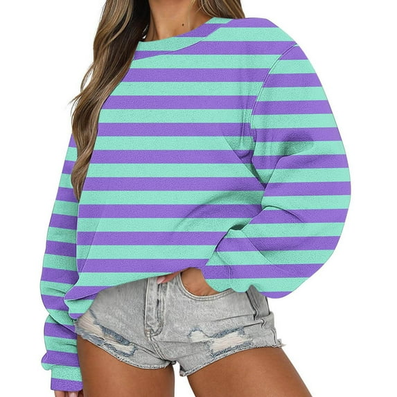 Tittly Sweatshirt for Women Womens Pullover Oversized Sweatshirt For Women Striped Pullover Crewneck Long Sleeve Shirts Crewneck Sweatshirts Women Graphic Sweatshirts for Women Sky Blue L