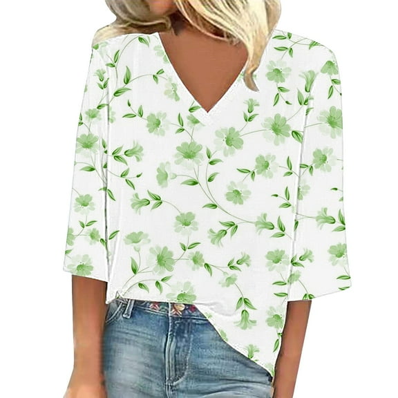 Tittly T Shirts for Women 3/4 Length Sleeve Womens Tops Women's Fashion Floral Printed T Shirt Casual V Neck Three Quarter Sleeve Top Graphic Tees Womens Tops Tshirts Shirts Green L