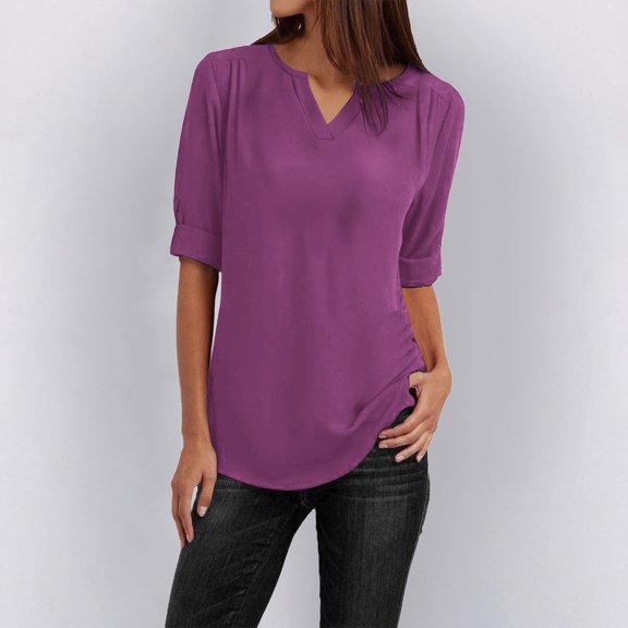 Tittly T Shirts for Women Basic Tees Button Women Ladies Clothing Loose Shirt Chiffon Zipper Long Sleeves Plus Size Tops Tshirts Shirts Tops for Women Trendy Purple 4XL