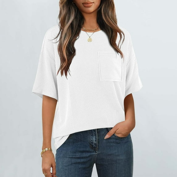 Tittly T Shirts for Women Basic Tees Casual Contrasting Striped Short Sleeved Pocket Round Neck T Shirt Tshirts Shirts Tops for Women Trendy White XXL