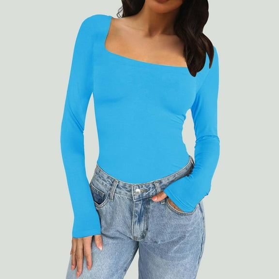 Tittly T Shirts for Women Basic Tees Women Long Sleeve Crop Tops For Women Slim Fit Going Out Tops Tight Tee Shirts Girl Aesthetic Clothes Tshirts Shirts Long Sleeve Shirts for Women Blue L