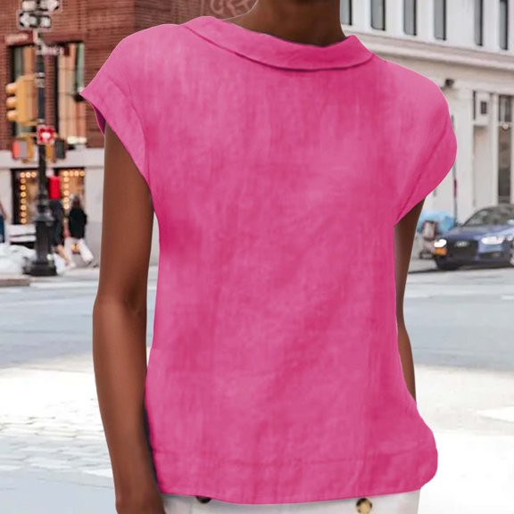 Tittly T Shirts for Women Basic Tees Women's Fashionable Casual Lapel Short Sleeved Solid Color Cotton Linen T Shirt Top Tshirts Shirts Tops for Women Trendy Hot Pink L