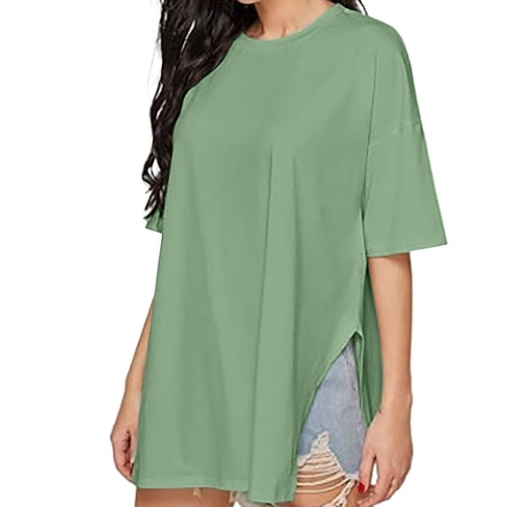 Tittly T Shirts for Women Basic Tees Women's Loose Side Slit Pure Cotton Short Sleeved Women's Comfortable Round Neck Solid Color T Shirt Tshirts Shirts Womens Tops Mint Green XXL