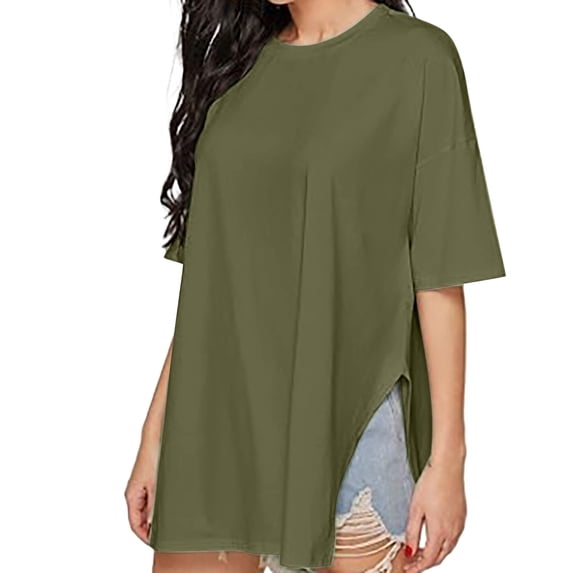 Tittly T Shirts for Women Basic Tees Women's Loose Side Slit Pure Cotton Short Sleeved Women's Comfortable Round Neck Solid Color T Shirt Tshirts Shirts Womens Tops Green L
