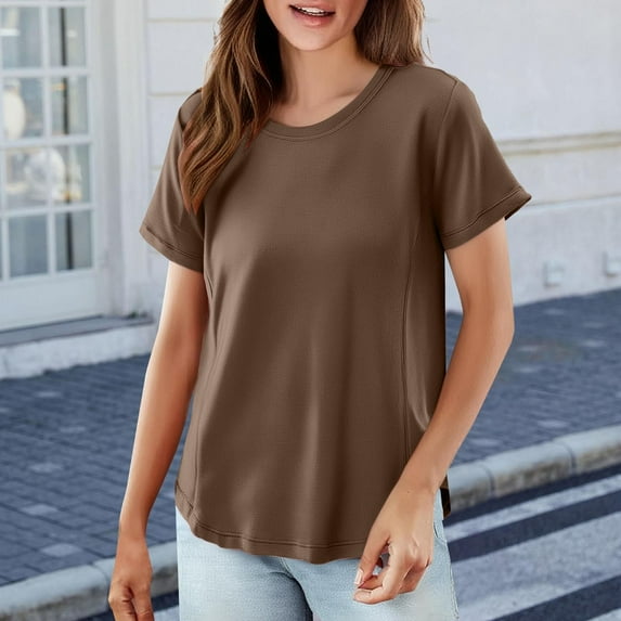 Tittly T Shirts for Women Basic Tees Women's Solid Color T Shirt Round Neck Short Sleeved Top Large Size Loose Elastic Pure Cotton Base Shirt Tshirts Shirts Tops for Women Trendy Khaki 8XL