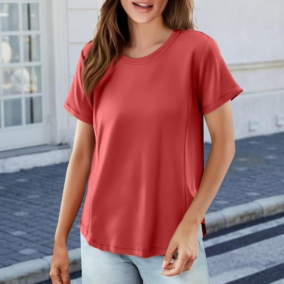 Tittly T Shirts for Women Spring Tops for Women Women's Solid Color T Shirt Round Neck Short Sleeved Top Large Size Loose Elastic Pure Cotton Base Shirt Tshirts Shirts Basic Tees Red 3XL