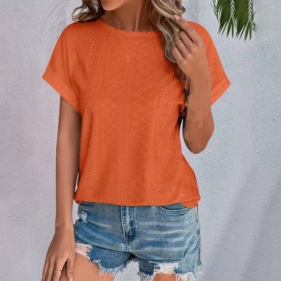 Tittly T Shirts for Women Basic Tees Women's Spring Summer Solid Color Hollow Breathable Round Neck Loose Short Sleeved T Shirt Top Tshirts Shirts Tops for Women Trendy Orange L