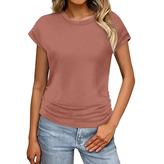 Tittly T Shirts for Women Basic Tees Womens Summer Tops Trendy 2025 Ruched Cap Short Sleeve Tshirts Shirts Crew Neck T Shirts Fashion Tshirts Shirts Tops for Women Trendy Watermelon Red XL