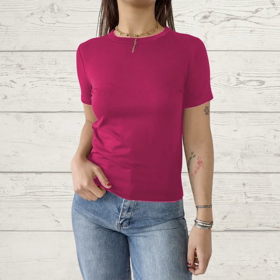 Tittly T Shirts for Women Going Out Tops Women's Casual Basic Going Out Crop Tops Slim Fit Short Sleeve Crew Neck Tight T Shirts Spring Tops for Women Tshirts Shirts Hot Pink L