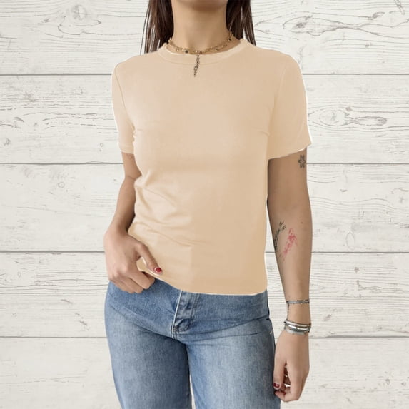 Tittly T Shirts for Women Going Out Tops Women's Casual Basic Going Out Crop Tops Slim Fit Short Sleeve Crew Neck Tight T Shirts Spring Tops for Women Tshirts Shirts Khaki XL