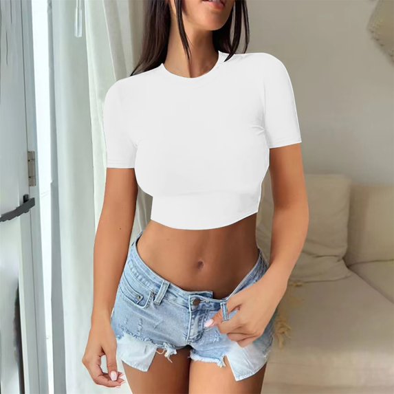 Tittly T Shirts for Women Going Out Tops Womens Short Sleeve Going Out Crop Tops Crew Neck Casual Basic Tight Tees Shirt Spring Tops for Women Tshirts Shirts White XL