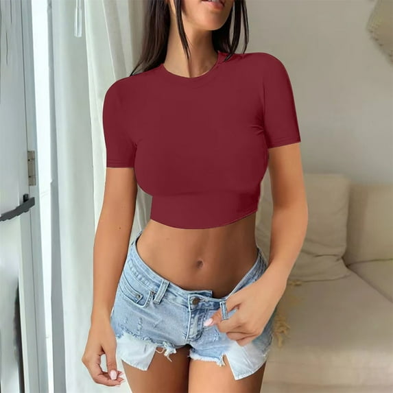 Tittly T Shirts for Women Going Out Tops Womens Short Sleeve Going Out Crop Tops Crew Neck Casual Basic Tight Tees Shirt Spring Tops for Women Tshirts Shirts Wine M