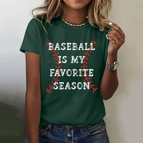 Tittly T Shirts for Women Graphic Tees Baseball Is My Favorite Season Women's Letter Baseball Print Shirt Short Sleeve Round Neck T Shirt Soft Casual Summer Clothing Tshirts Shirts Green L