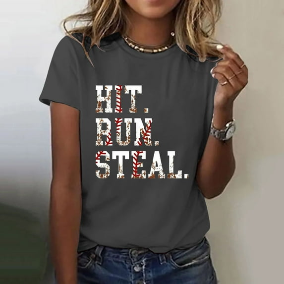 Tittly T Shirts for Women Graphic Tees Hit Run Steal Women's Letter Baseball Print Round Neck Short Sleeve T Shirt Top Tshirts Shirts Womens Tops Dark Gray 3XL