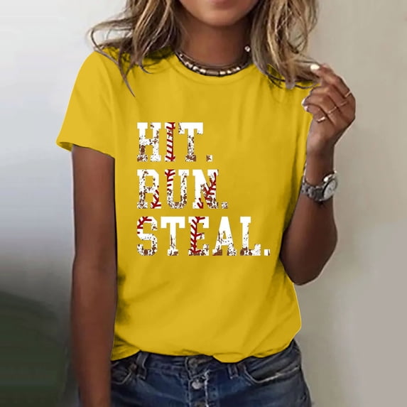 Tittly T Shirts for Women Graphic Tees Hit Run Steal Women's Letter Baseball Print Round Neck Short Sleeve T Shirt Top Tshirts Shirts Womens Tops Yellow 3XL