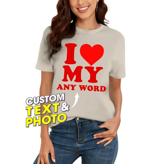 Tittly T Shirts for Women Graphic Tees Personalized I Love My Mother Casual Top Custom I Heart My Baby Tee Valentines Day Mother's Day Father's Day Tshirts Shirts Spring Tops for Women Beige L
