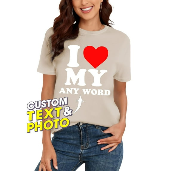 Tittly T Shirts for Women Graphic Tees Personalized I Love My Mother Casual Top Custom I Heart My Baby Tee Valentines Day Mother's Day Father's Day Tshirts Shirts Spring Tops for Women Beige L