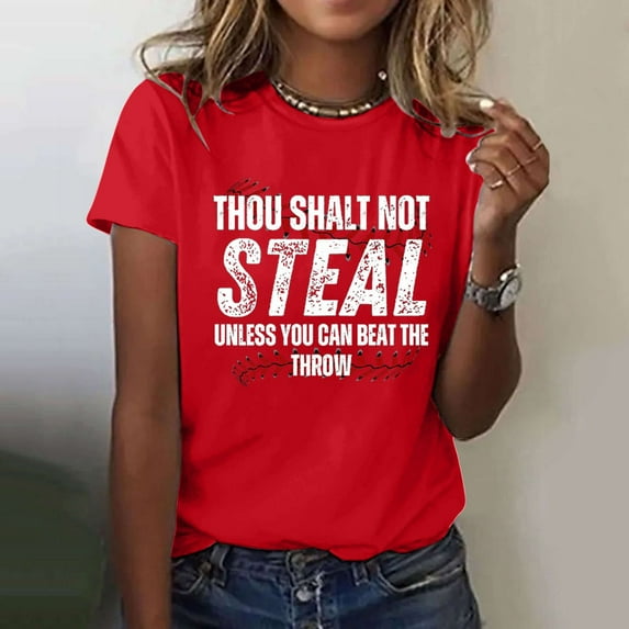 Tittly T Shirts for Women Graphic Tees Thou Shall Not Steal Unless You Can Beat The Throw Women's Letter Baseball Love Print Round Neck Short Sleeve T Shirt Top Tshirts Shirts Womens Tops Red 3XL