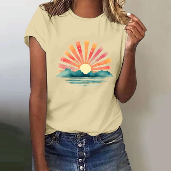 Tittly T Shirts for Women Graphic Tees Women's Loose Printed Short Sleeved Shirt Summer Casual Cotton Short Sleeved Shirt Tshirts Shirts Spring Tops for Women Beige L