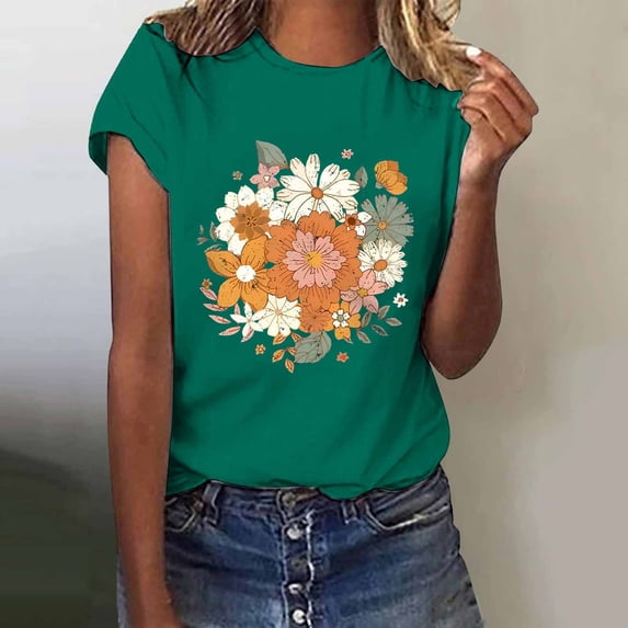 Tittly T Shirts for Women Graphic Tees Women's Loose Printed Short Sleeved Shirt Summer Casual Cotton Short Sleeved Shirt Tshirts Shirts Spring Tops for Women Green 3XL