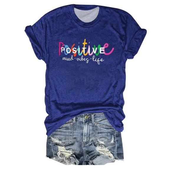 Tittly T Shirts for Women Graphic Tees Women's POSITIVE Printed Crew Neck Multi Color Multi Size Summer Split Sleeve Tshirts Shirts Womens Tops Blue XXL