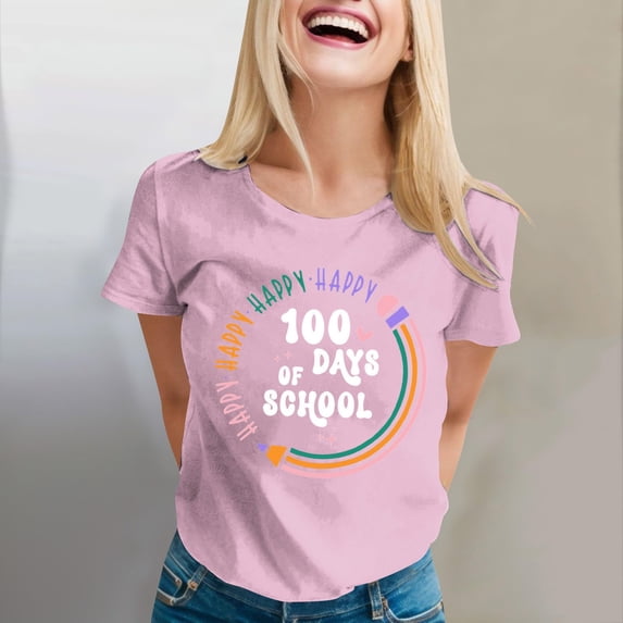 Tittly T Shirts for Women Spring Tops for Women 100 Days Of School Shirt Women Teacher Tshirts Happy 100th Days Shirt Celebration Appreciation Graphic Tees Tshirts Shirts Pink XL