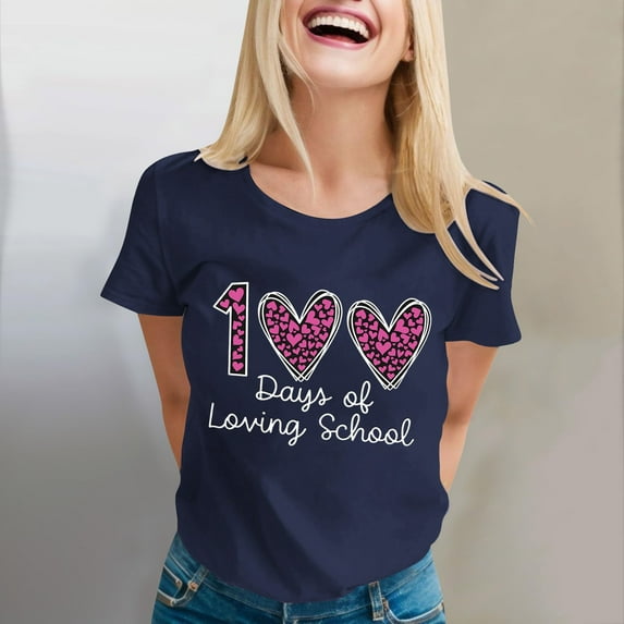 Tittly T Shirts for Women Spring Tops for Women 100 Days Of School Shirt Women Teacher Tshirts Happy 100th Days Shirt Celebration Appreciation Graphic Tees Tshirts Shirts Navy L