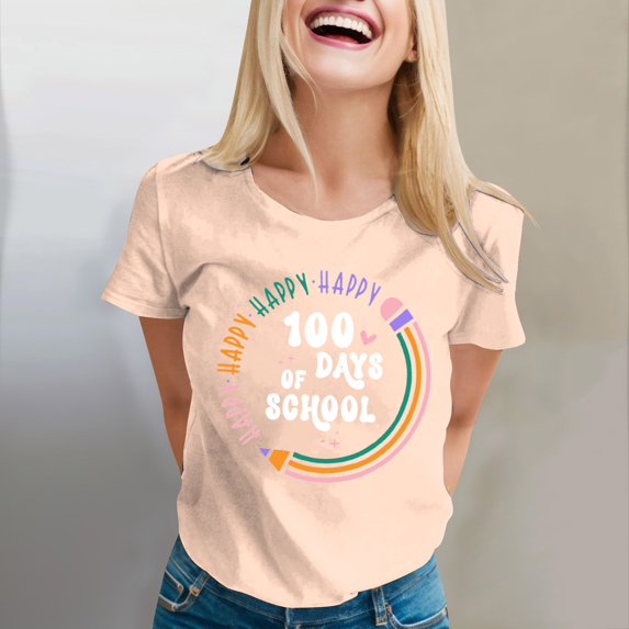 Tittly T Shirts for Women Spring Tops for Women 100 Days Of School Shirt Women Teacher Tshirts Happy 100th Days Shirt Celebration Appreciation Graphic Tees Tshirts Shirts Beige L
