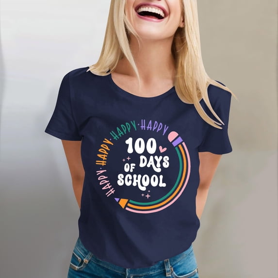 Tittly T Shirts for Women Spring Tops for Women 100 Days Of School Shirt Women Teacher Tshirts Happy 100th Days Shirt Celebration Appreciation Graphic Tees Tshirts Shirts Navy M