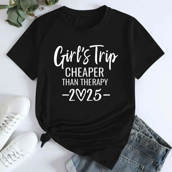 Tittly T Shirts for Women Spring Tops for Women Girl's Trip 2025 T Shirt Women's Fashion Round Neck Casual Short Sleeves Graphic Tees Tshirts Shirts Black L