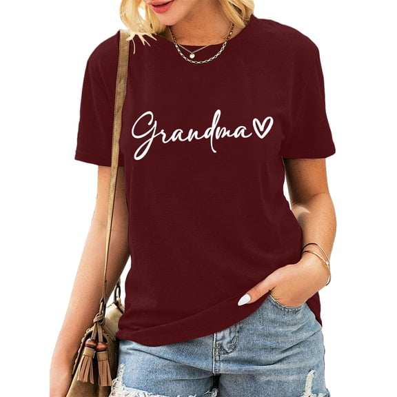 Tittly T Shirts for Women Spring Tops for Women Grandma Shirts For Women Shirt Heart Printed Casual Short Sleeve Tee Top Graphic Tees Tshirts Shirts Wine L