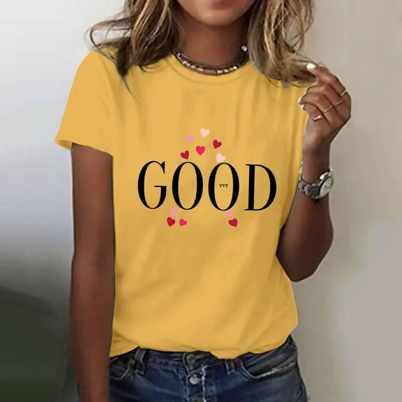 Tittly T Shirts for Women Spring Tops for Women Women's 2025 Popular Round Neck Short Sleeved 2D Printed Casual Loose And Versatile Short Sleeved T Shirt Graphic Tees Tshirts Shirts Yellow 3XL