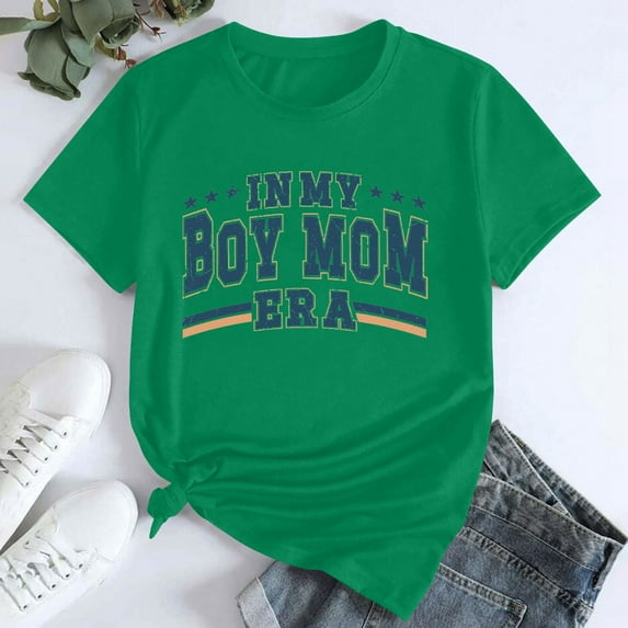 Tittly T Shirts for Women Spring Tops for Women Women's In My Boy Mom Printed T Shirt Cotton Round Neck Casual Short Sleeves Graphic Tees Tshirts Shirts Green XXL