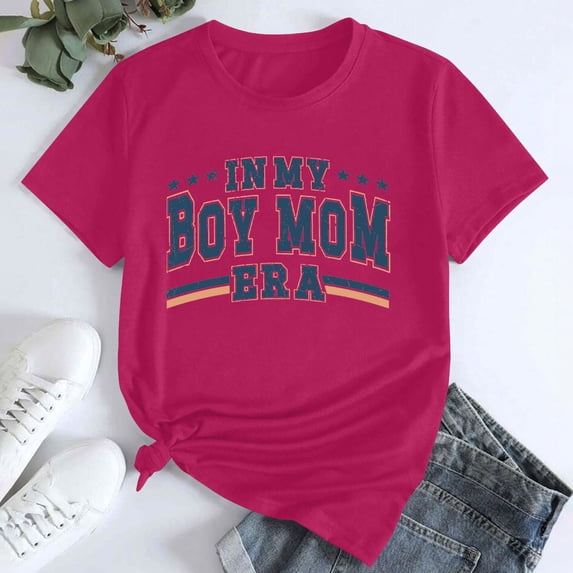 Tittly T Shirts for Women Spring Tops for Women Women's In My Boy Mom Printed T Shirt Cotton Round Neck Casual Short Sleeves Graphic Tees Tshirts Shirts Hot Pink XL