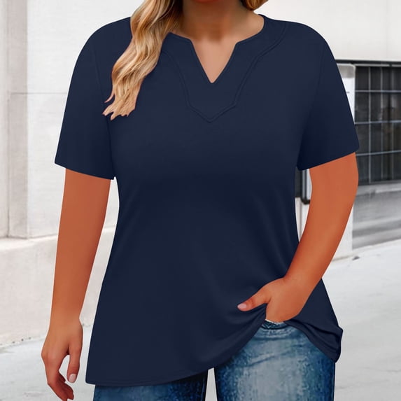 Tittly T Shirts for Women Spring Tops for Women Women's Loose Plus Size V Neck Solid Color Short Sleeved T Shirt Top Tshirts Shirts Basic Tees Navy 5XL
