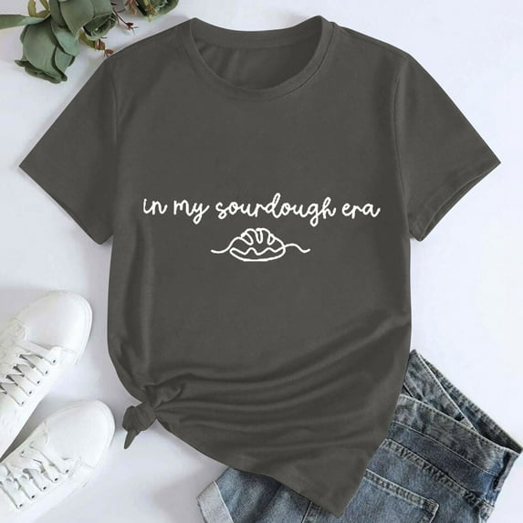 Tittly T Shirts for Women Spring Tops for Women Women's In My Printed T Shirt Cotton Round Neck Casual Short Sleeves Graphic Tees Tshirts Shirts Dark Gray L
