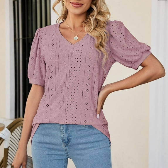 Tittly T Shirts for Women Spring Tops for Women Women's Puff Short Sleeve Solid Tunic Top V Neck Hollow Out Loose Tshirts Tshirts Shirts Basic Tees Hot Pink XXL