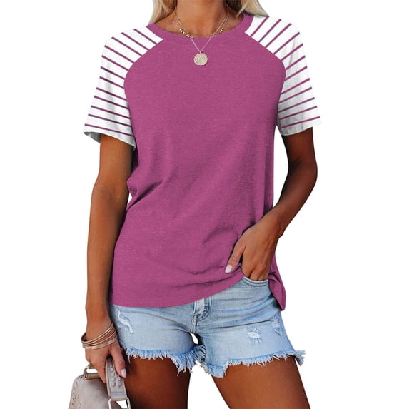 Tittly T Shirts for Women Spring Tops for Women Women's Round Neck Patchwork Striped Color Block Loose Casual Short Sleeved T Shirt Tshirts Shirts Basic Tees Hot Pink XXL
