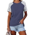 thumbnail image 1 of Tittly T Shirts for Women Spring Tops for Women Women's Round Neck Patchwork Striped Color Block Loose Casual Short Sleeved T Shirt Tshirts Shirts Basic Tees Dark Blue L, 1 of 4