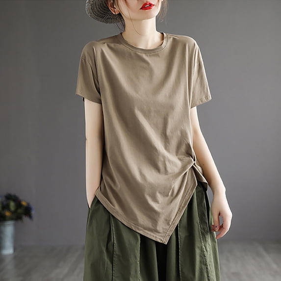Tittly T Shirts for Women Spring Tops for Women Women's Sense Of Design T Shirts Short Sleeve Solid Tops Casual Summer Tees Tshirts Shirts Basic Tees Khaki L