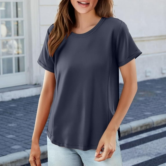 Tittly T Shirts for Women Spring Tops for Women Women's Solid Color T Shirt Round Neck Short Sleeved Top Large Size Loose Elastic Pure Cotton Base Shirt Tshirts Shirts Basic Tees Grey 5XL